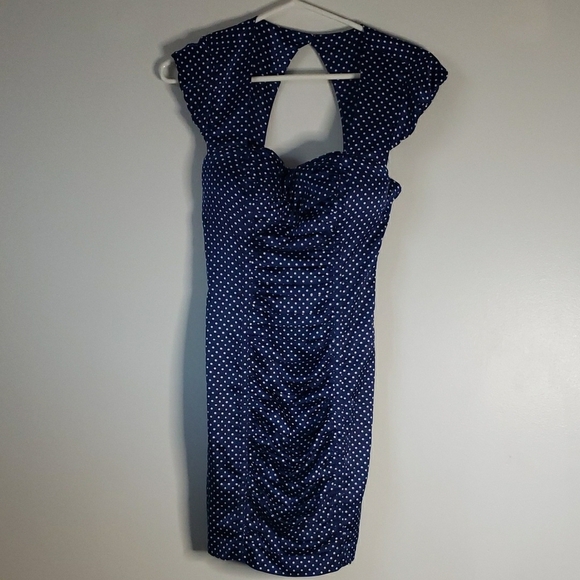 Guess Bombshell Pinup Polka Dot Dress Size 2 Blue White Body Con Sheath Barbie - Picture 2 of 11